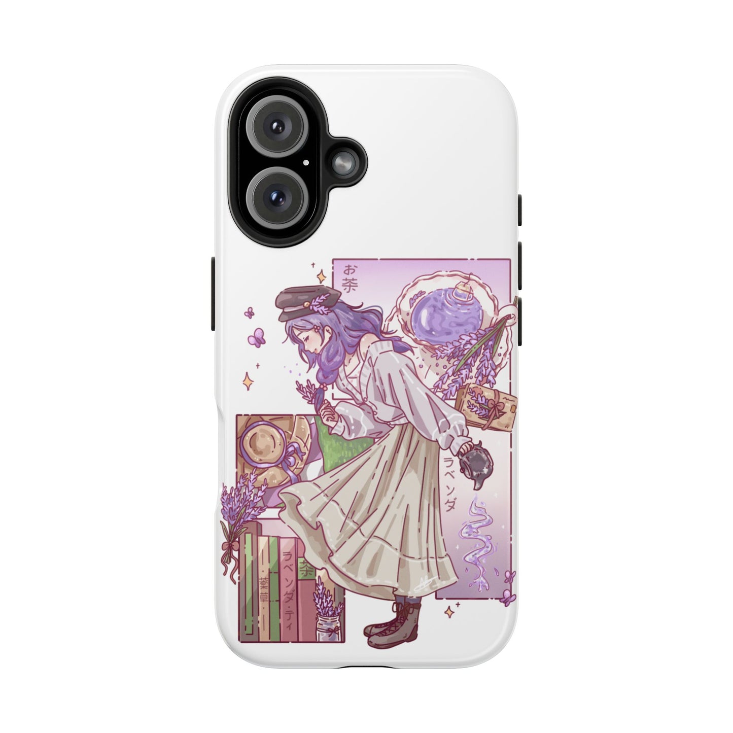 Mystic Librarian Tough Phone Case — Lavender Tea Anime Girl, Pastel Purple Bookstore Art
