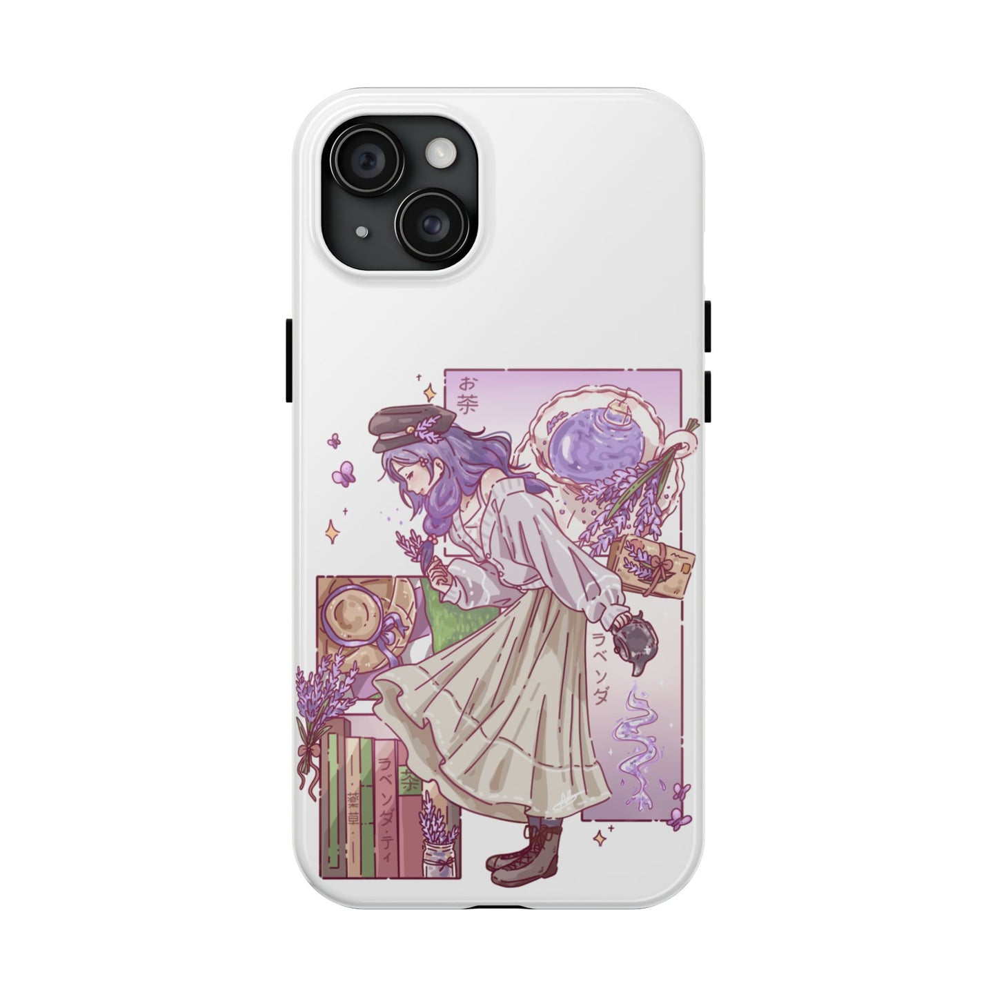 Mystic Librarian Tough Phone Case — Lavender Tea Anime Girl, Pastel Purple Bookstore Art