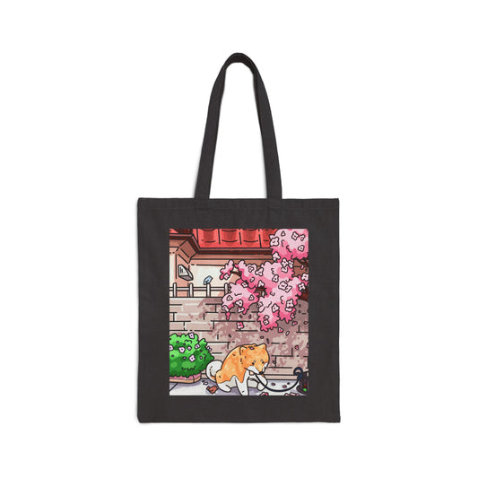Shiba Inu Cherry Blossom Tote Bag — Japanese House Illustration Canvas Tote