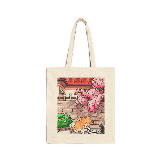 Shiba Inu Cherry Blossom Tote Bag — Japanese House Illustration Canvas Tote