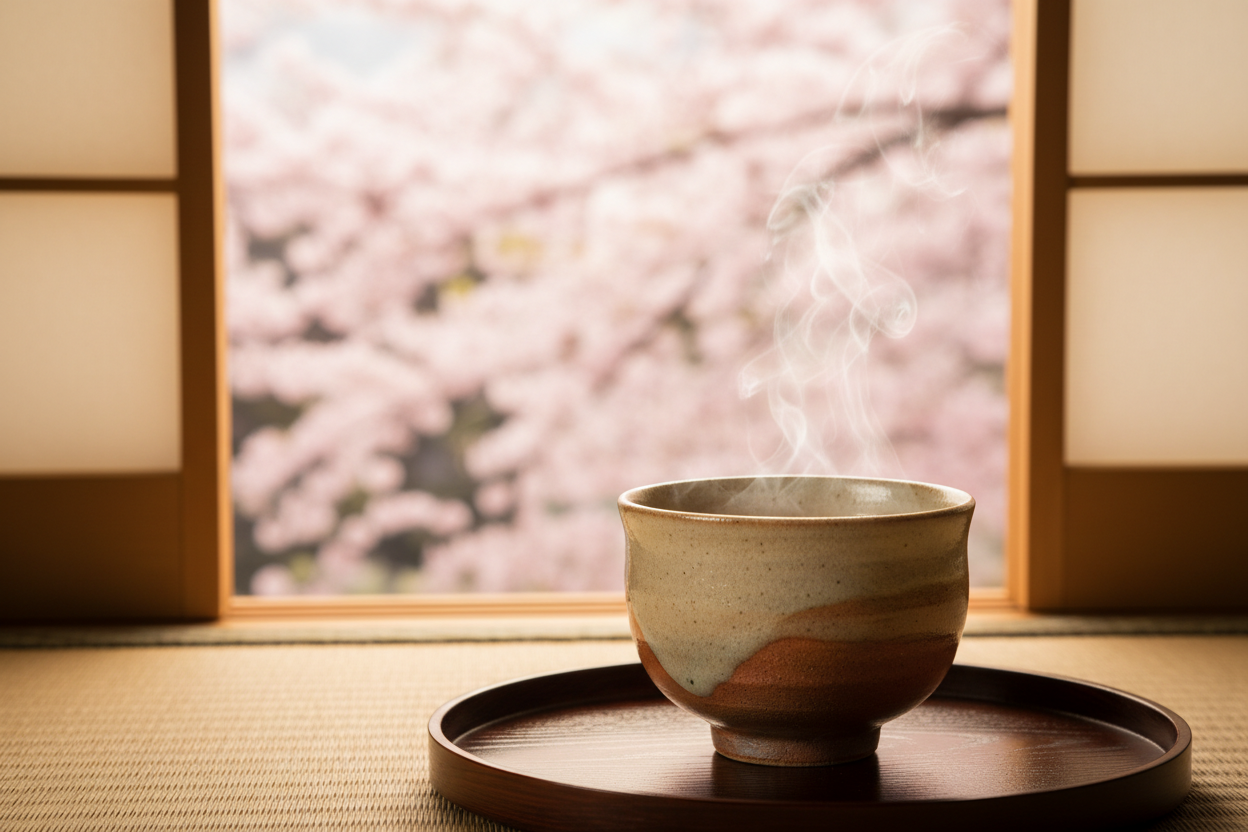 calm aesthetic traditional Korean/Japanese tea cup steaming with a blurred Sakura blossom in the background outside of a cozy Asian style home